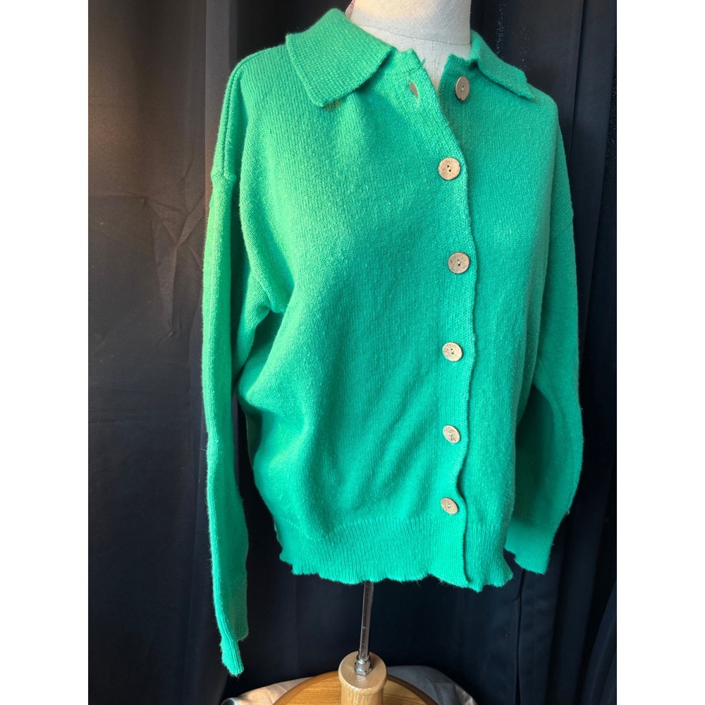 Noracora Green Button Up Cardigan Sweater Polo Collar Size S